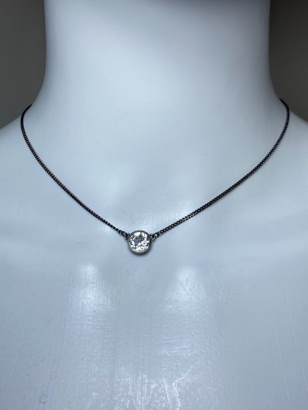 VINTAGE GIVENCHY Solitaire Crystal Pendant Necklace Gunmetal Designer Signed 18"